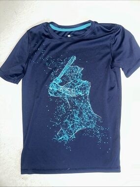 Kids Size 8/10 Navy Athletic Tee with Teal Geometric Batter Graphic Rashguard